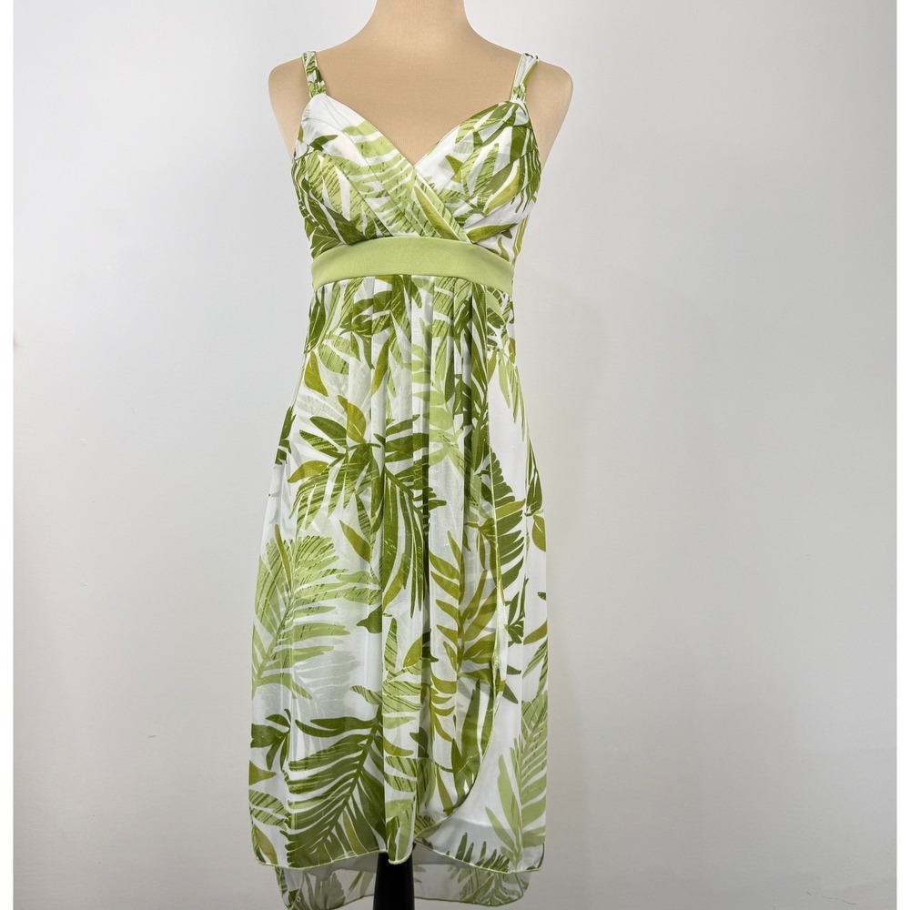 Jessica Tropical Palm Leaf Midi Dress Womens‎ Small Green White Boho